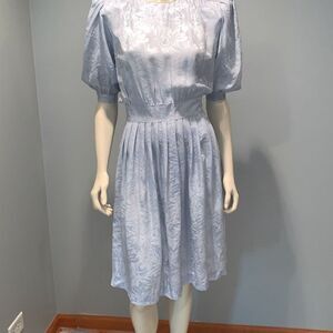 Vintage ARGENTI Women's 100% Silk Blue Jacquard Floral Pleated Puff Sleeve Midi